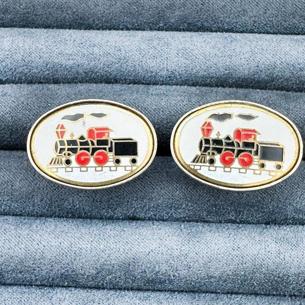 Vintage‎ Gold Tone Enamel Train Locomotive Cufflinks PAT 2472958 Oval